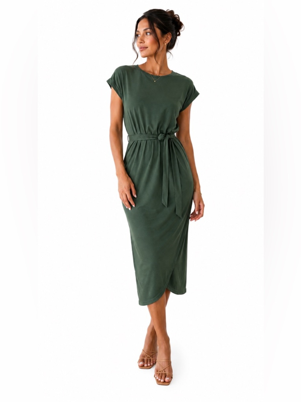 Sleeve Tie-Waist Midi Dress in Dark Green